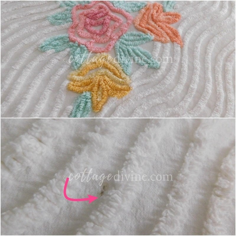 Grandma's Cottage Chic 1950s White Rose Floral Vintage Chenille Bedspread, Full