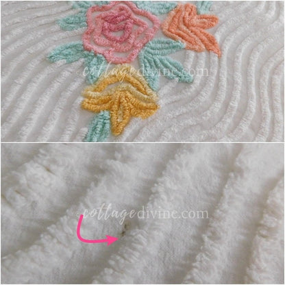 Grandma's Cottage Chic 1950s White Rose Floral Vintage Chenille Bedspread, Full