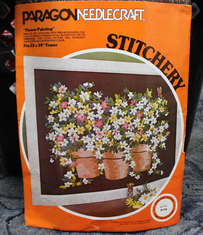 Vintage "FLOWER PAINTING" Crewel Embroidery Kit Huge Rare Paragon Stitchery 0710