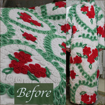 Winter Rose HOODED Chenille Robe, Green Hearts & Red Roses Bathrobe Upcycled from Vintage Midcentury Chenille Bedspread, Medium Large
