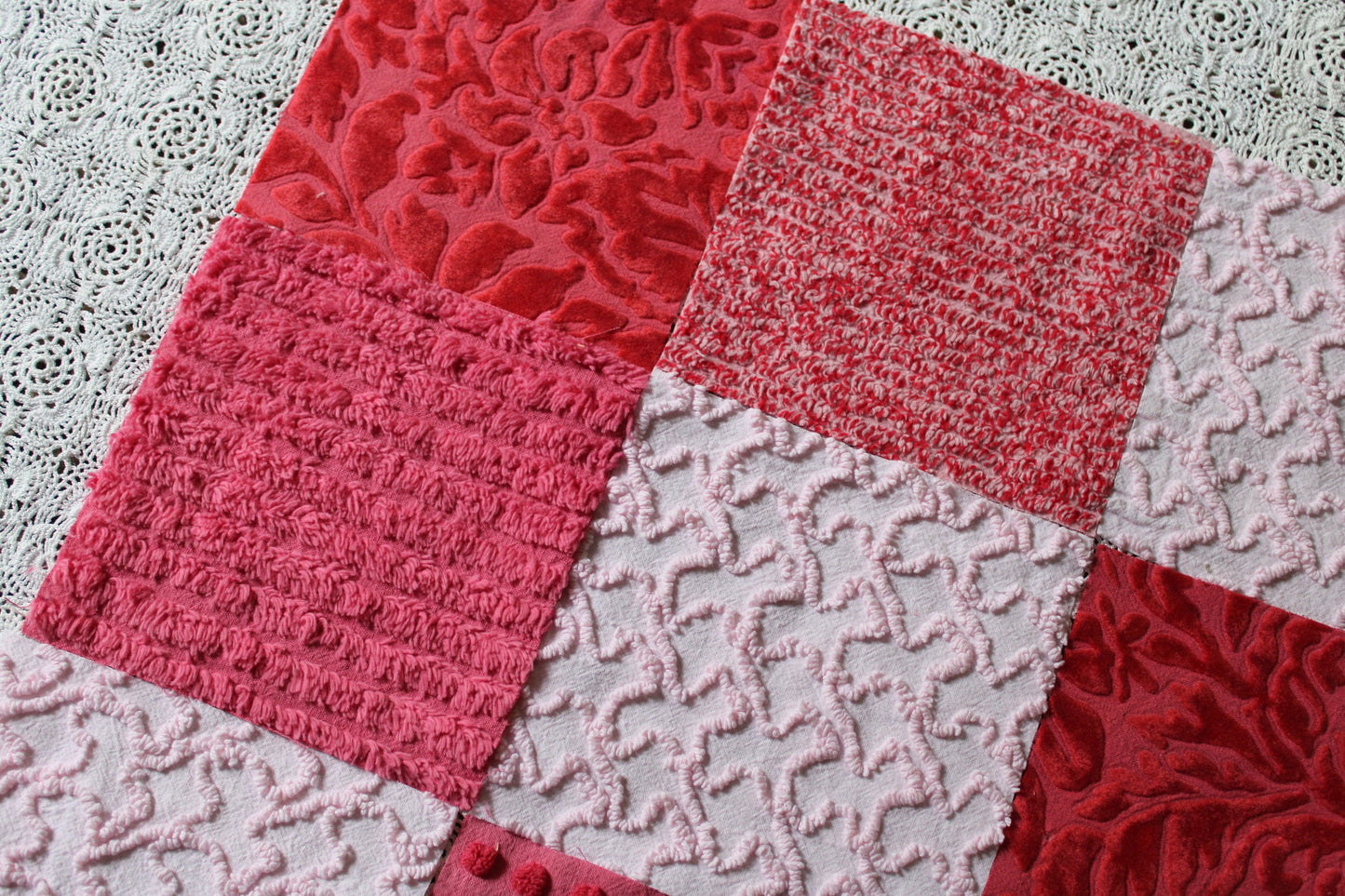 Cupid's Kisses Chenille & Velvet Craft Squares Set from Vintage Bedspread Fabric, 16 Blocks, 6" inch in Pink, Red