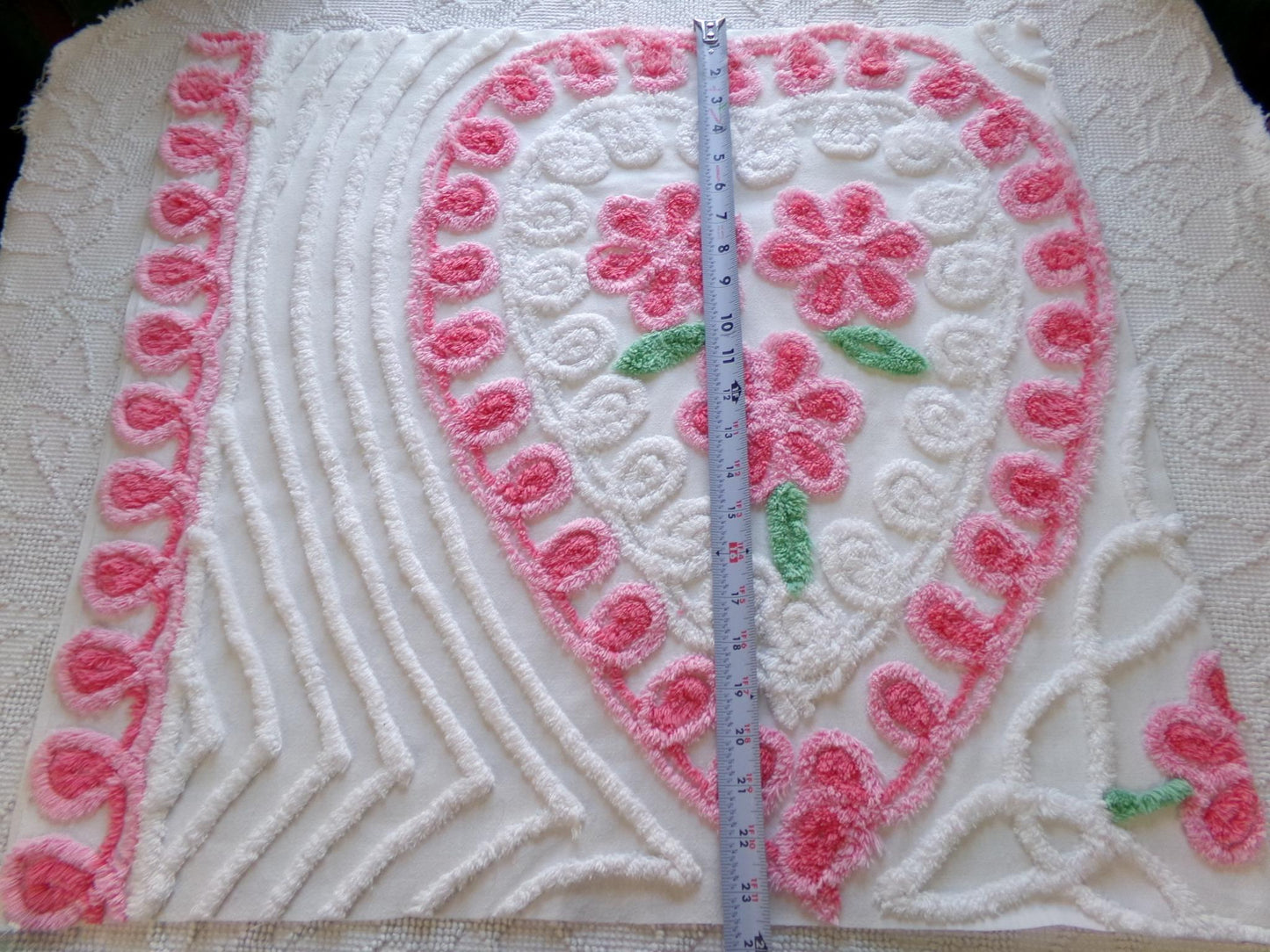 pink heart vintage chenille fabric, shabby cute rose trio on white, 24" x 23" piece of sewing material for pillows, quilts, wall hanging