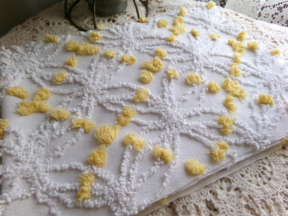 white chenille fabric with goldenrod yellow pops, vintage 18" x 24" inch piece of quilt material in traditional wedding ring designs
