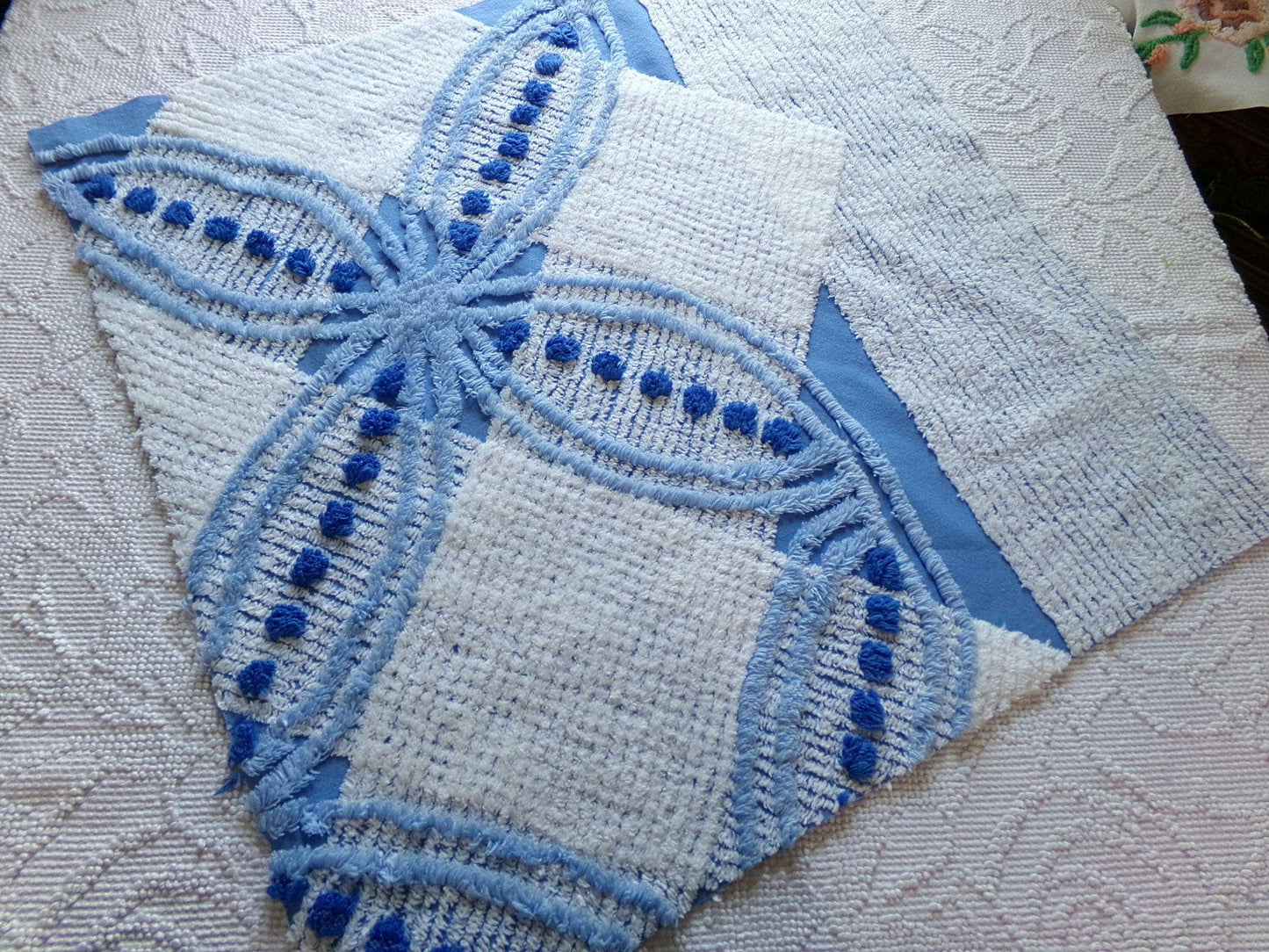 mystic coastal blue & white vintage chenille fabric, starburst geometric pattern, 22" x 23" inch piece of unique cotton sewing material
