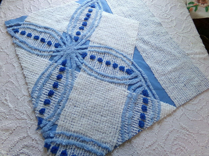 mystic coastal blue & white vintage chenille fabric, starburst geometric pattern, 22" x 23" inch piece of unique cotton sewing material