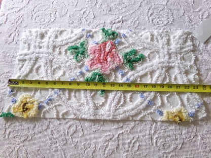 pretty pink rose fabric piece, vintage floral chenille cottage shabby sewing material, 11" x 22" inches