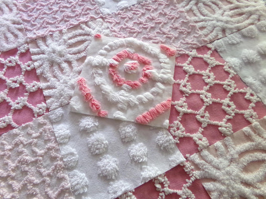 Spunky Pink Quilt Squares Set from Vintage Chenille Bedspread Fabric, 17 Blocks, 6" x 6" inch