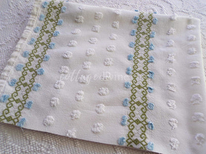 abstract blue rosebud vintage chenille fabric piece in climbing green ivy design with white pops, 26" x 22" piece of craft & quilt material