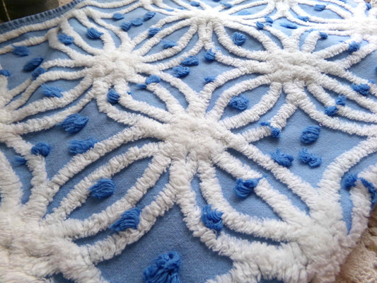 coastal chic blue vintage chenille fabric, white tufted spider rings & little pops, 24" x 18" inch piece