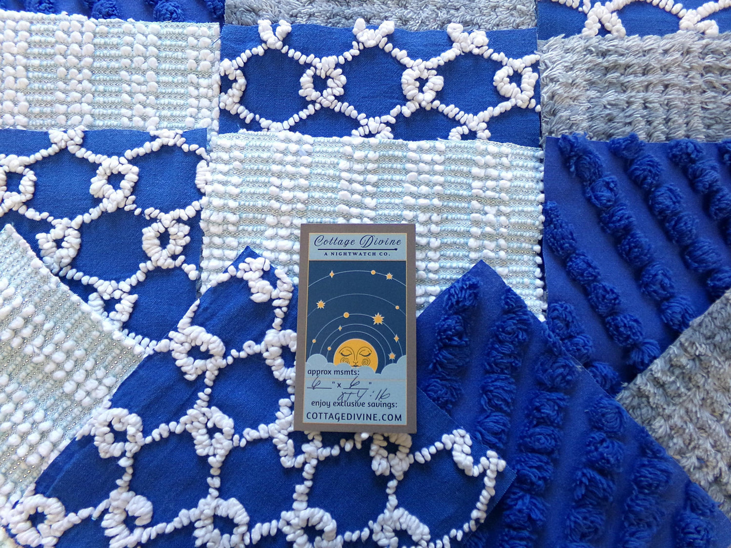 Vintage Chenille Fabric Squares - Set of 16 - Sporty Grey, White & Blue - 6" Quilt Blocks