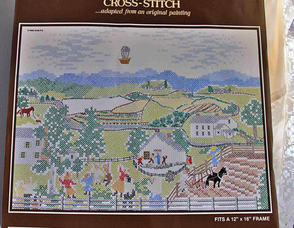 BALLOON Cross Stitch Stitchery Kit, Vintage Grandma Moses Design, Paragon Needlecraft Embroidery 0208 from 1983