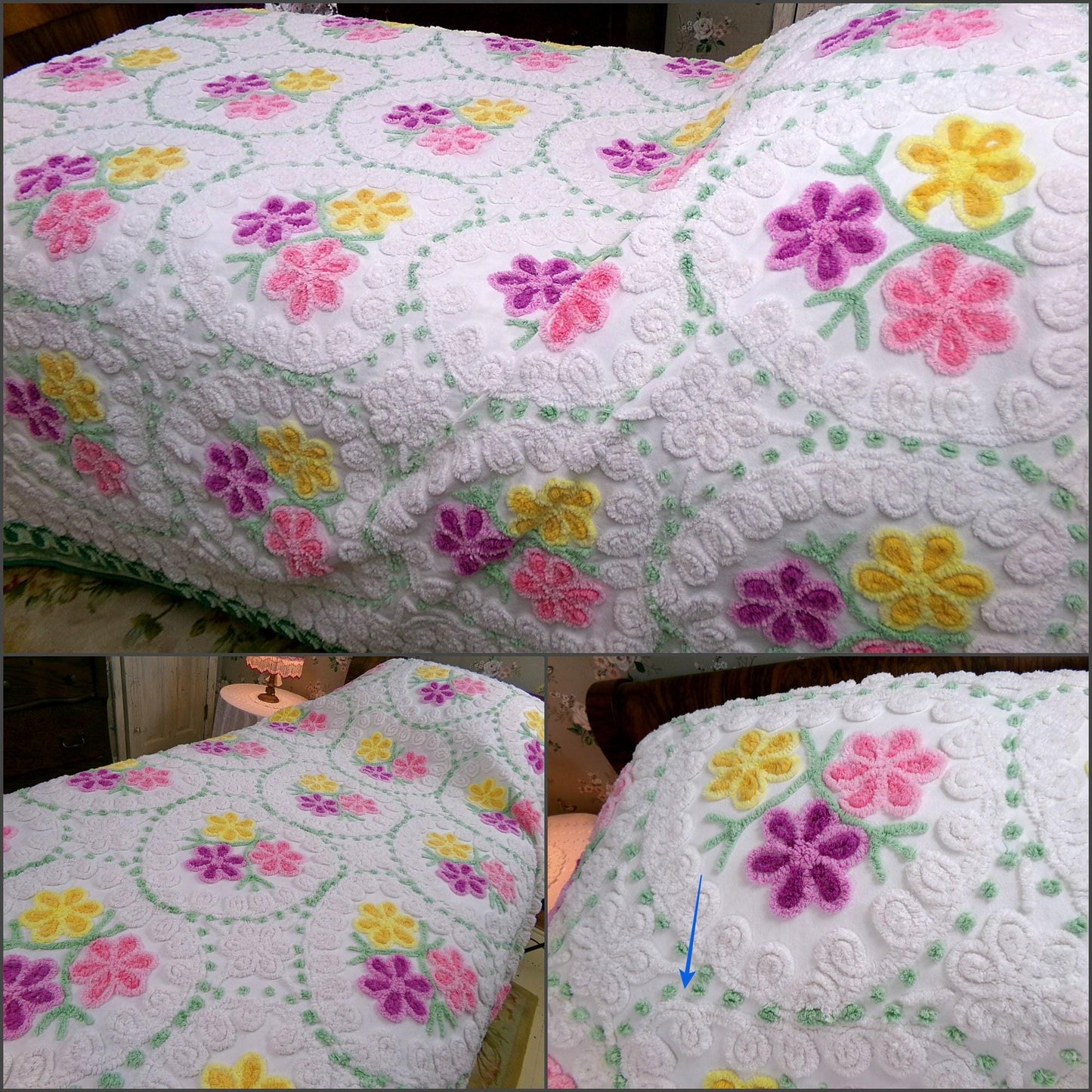 rainbow hearts vintage chenille bedspread, whimsical pink, yellow, lilac flowers w/ swirl accents & dots, white cotton full size bedding