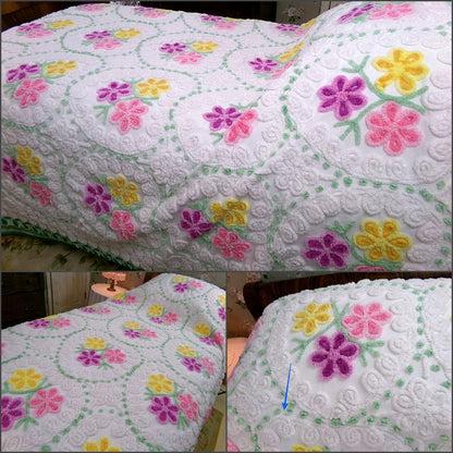 rainbow hearts vintage chenille bedspread, whimsical pink, yellow, lilac flowers w/ swirl accents & dots, white cotton full size bedding
