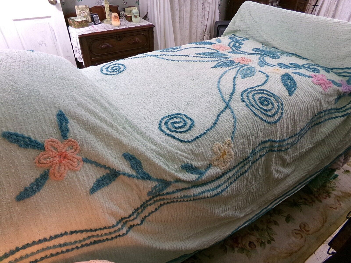 Mint Green Vintage Full Chenille Bedspread Midcentury Sprawling Scroll Floral Design