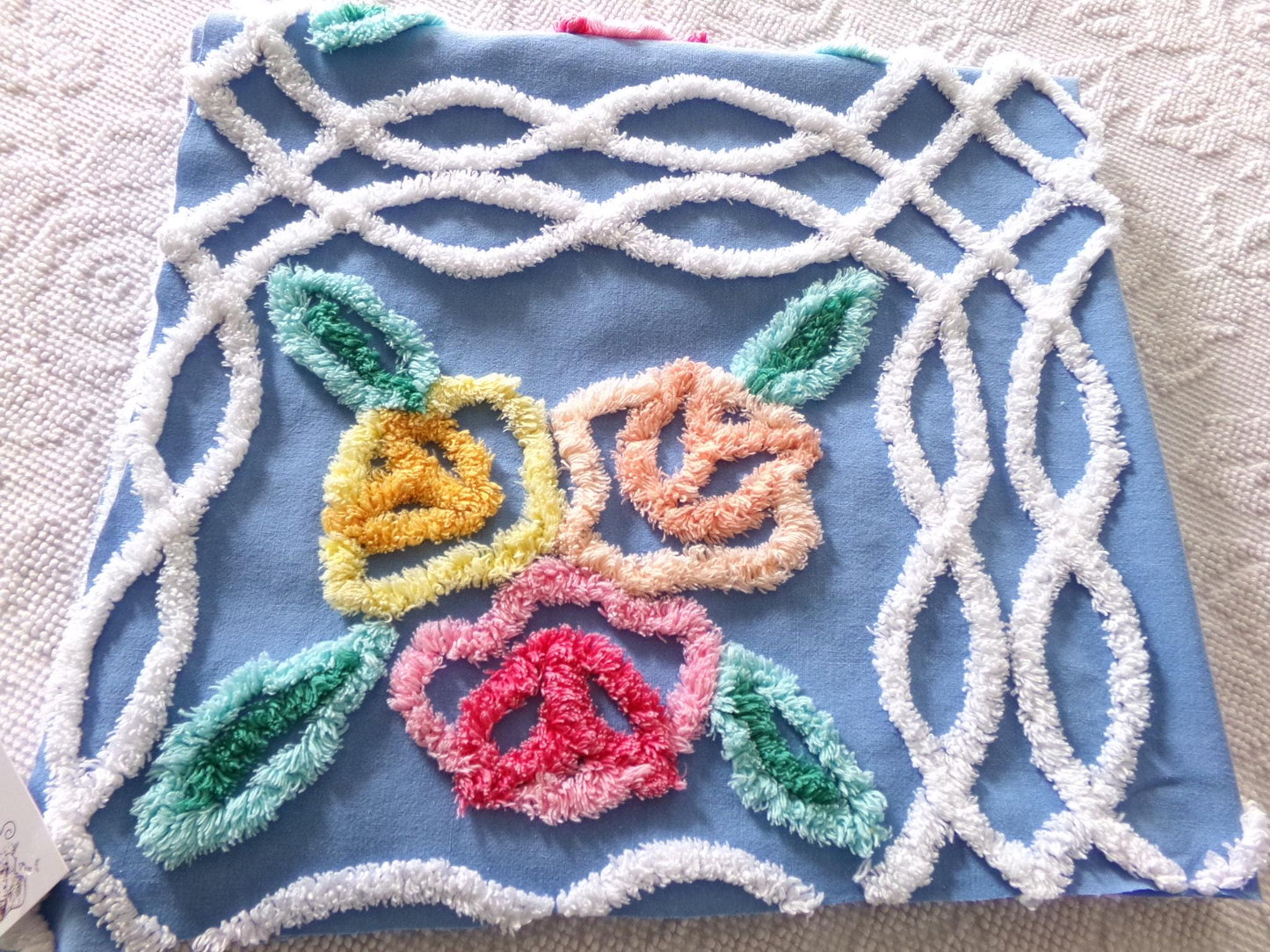 Seaside Summer Florals Blue Vintage Chenille Fabric, Pretty 30" x 26" inch piece
