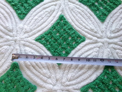 preppy chenille fabric, plush kelly green & white 23" x 20" inch piece of vintage sewing material for pillows, quilting, crafts