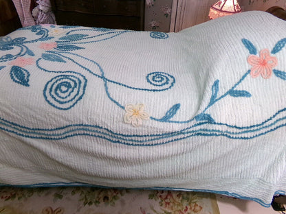 Mint Green Vintage Full Chenille Bedspread Midcentury Sprawling Scroll Floral Design