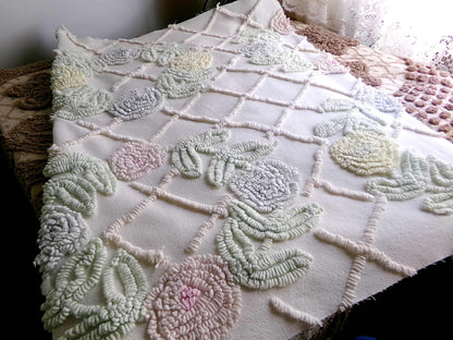 Pastel Spring Floral Wreaths Vintage Chenille FABRIC PIECE, 21" x 30" inches, Antique Cream