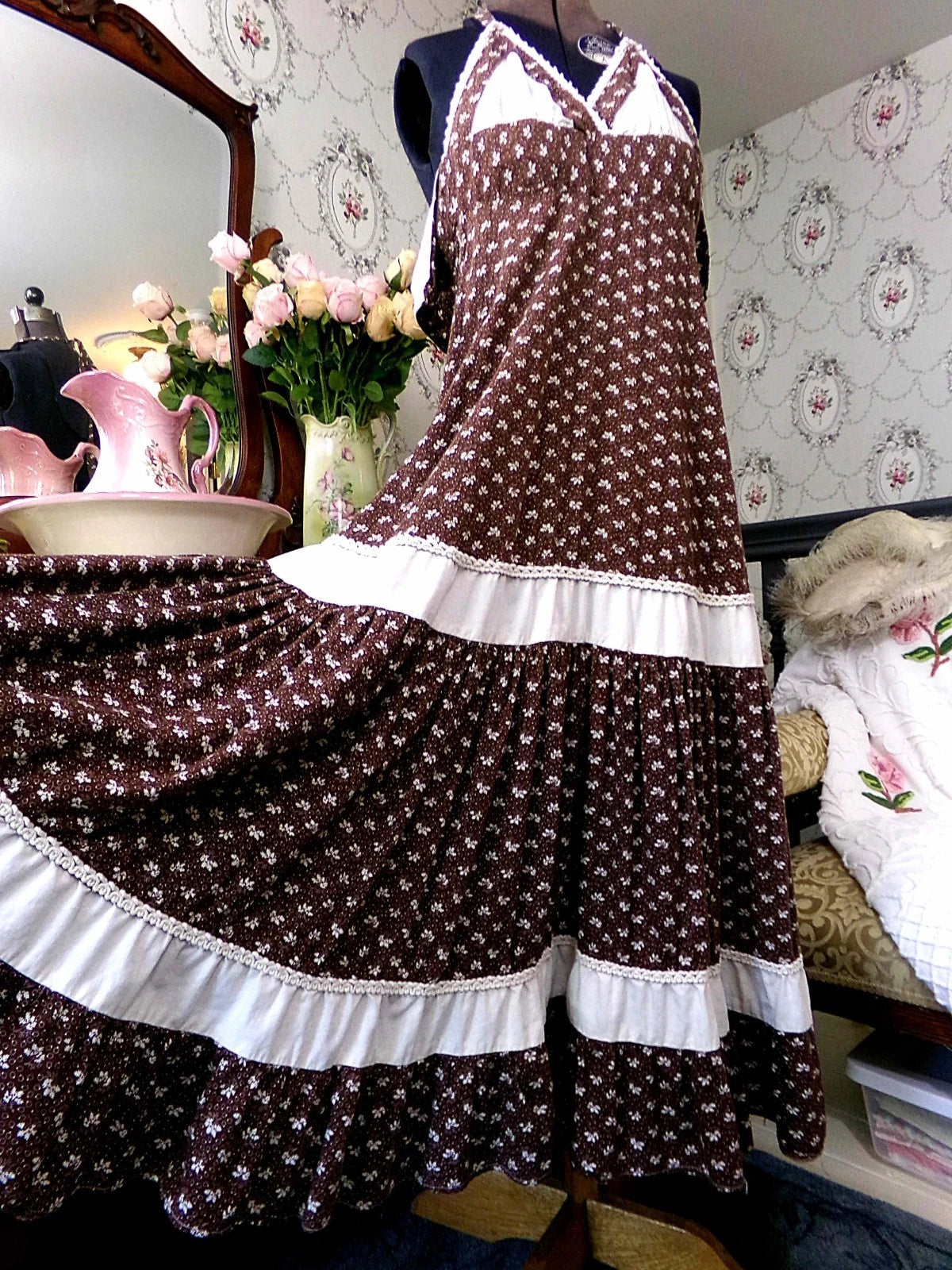 Vtg Gunne Sax Halter Dress Rare Brown Oak Acorn Print Boho Prairie Sundress