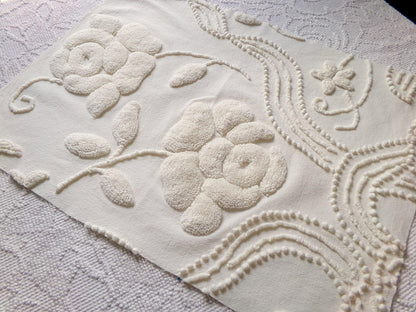 stylized ivory roses vintage chenille fabric, 100% cotton 16" x 21" cut piece w/ sprawling heavily tufted rose design for crafts, sewing