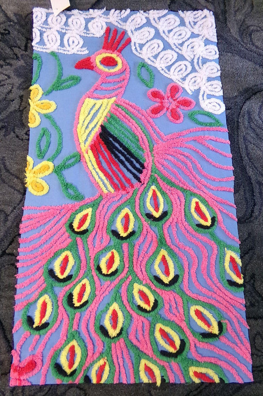 Colorful Peacock Chenille Fabric, Exotic Rainbow Bird Design, 18" x 33" Piece, Vintage Blue Cotton Material for Wall Hanging, Quilts, Crafts