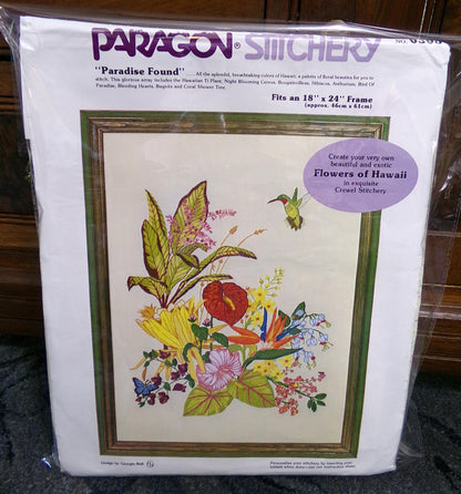 PARADISE FOUND Vintage Crewel Embroidery Kit, Flowers of Hawaii Tropical Hummingbird, Paragon 0308 Stitchery, Georgia Ball Design