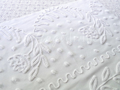 Lily White Dot Vintage Chenille Fabric Piece, 19" x 27" inches, Beautiful Farmhouse Style