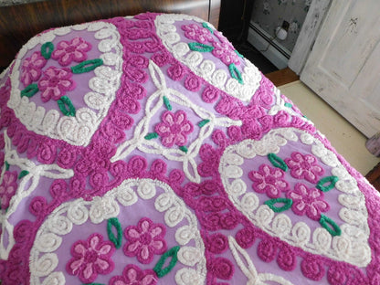 Vintage Chenille Bedspread, Lavender Hearts Hugging Flower Trios in Swirls of Fluffy Tufts, Full Size 1950s Midcentury Design, 100% Cotton