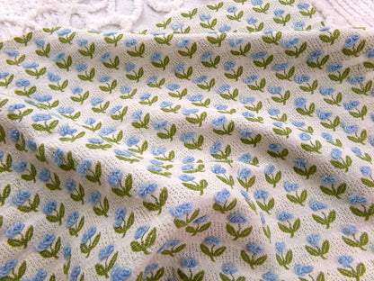 Tulip Garden Vintage Chenille Bedspread Fabric, Little Blue Flowers & Green Leaves, 12" x 24" inch Piece, Sewing Material for Quilts, Crafts
