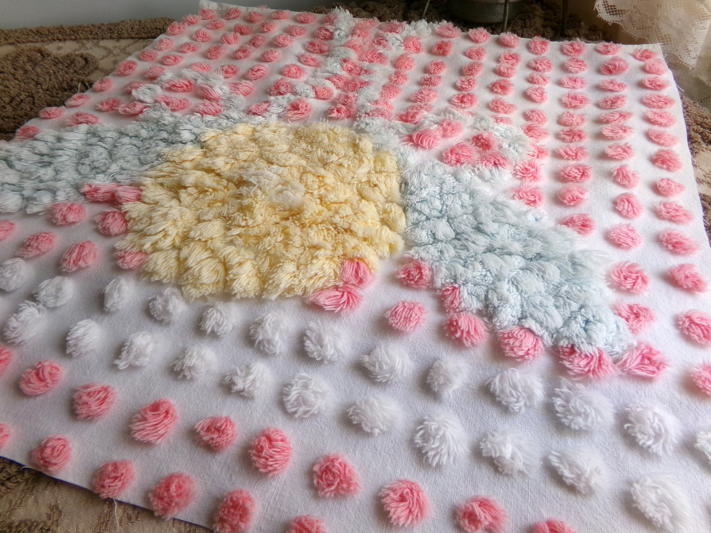 Precious Pink Pops Vintage Chenille Fabric, 15" x 28" Inch Piece, 100% Cotton, Antique Handtufted Plush Flower, Great for DIY Pillows