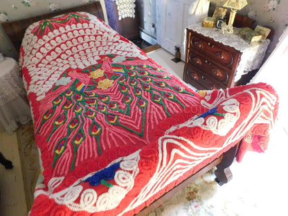 Love is all Around Vintage BOLD PEACOCK Chenille Bedspread, Full Size, Rainbow Red Rapture