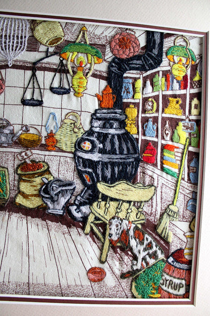 Old-Fashioned Country Store Crewel Embroidery Piece, "Penny Candy"" Completed Stitchery, Vintage Paragon Needlecraft, Outstanding Needlework