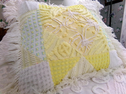 Vintage Chenille Patchwork Pillow | Reversible Mixed Yellow & White Prints, Fringe Accent | Boho Farmhouse Style, 17" x 18" w/ Insert