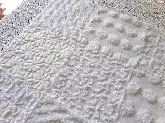 White Fabric Squares Cut from Vintage Woven & Chenille Bedspreads, *Daisies in Snow* Shades of White, 16 Quilt Blocks, 6" x 6" inch each