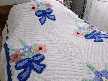 Charming Vintage Chenille Bedspread Plush Bow Flower Bouquets, Twin Size Bedding