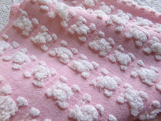Petal Pink & White Rosebud Vintage Chenille Fabric, Soft Ombre Variations, 18" x 25" Inch Piece, Ideal in Handmade Chenille Quilts