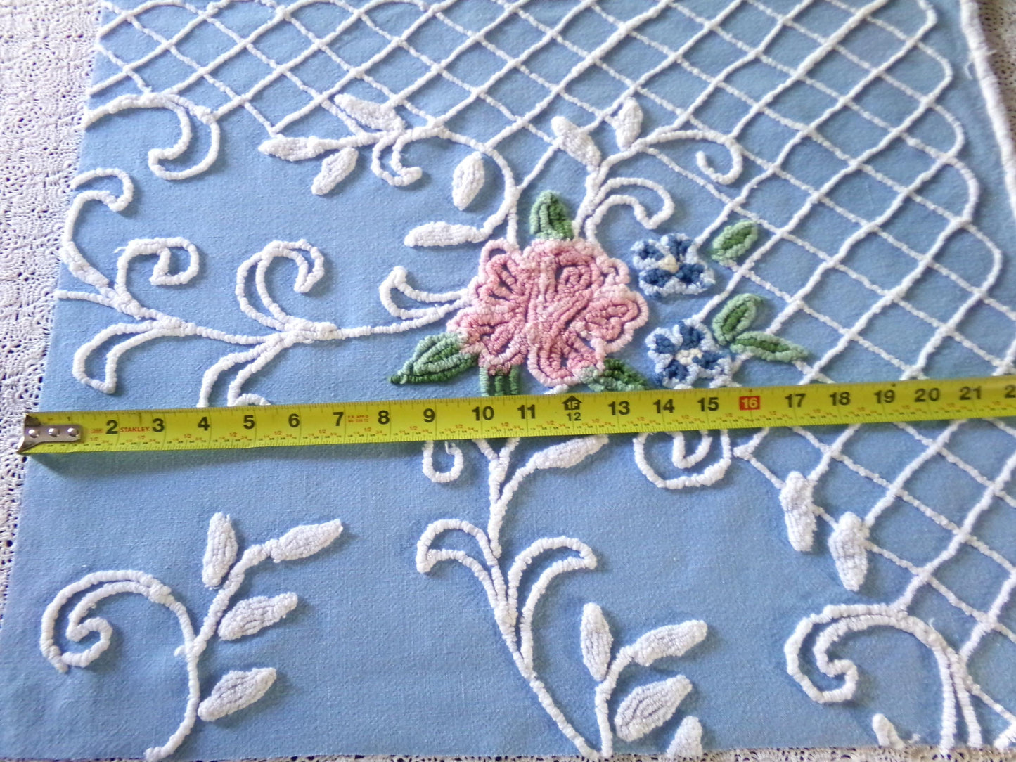Cottage Romantics Pink Rose Vintage Chenille Fabric, 18.5" x 23" inch Piece, Sky Blue Bkgd, for Pillow Covers, Quilting, Fiber Arts & Crafts