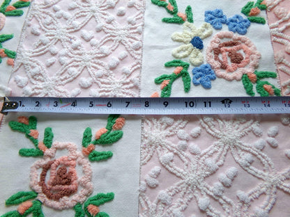 shabby fantasy florals chenille fabric squares, set of 8 vintage 7.5" quilt blocks, pink & white wildflowers for sewing, crafts, quilting