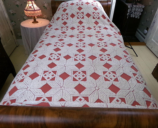 Modern Boho Terracotta Chenille Bedspread, Rustic Eight Point Star Vintage Quilt Style Design, Full Size Country Bedding