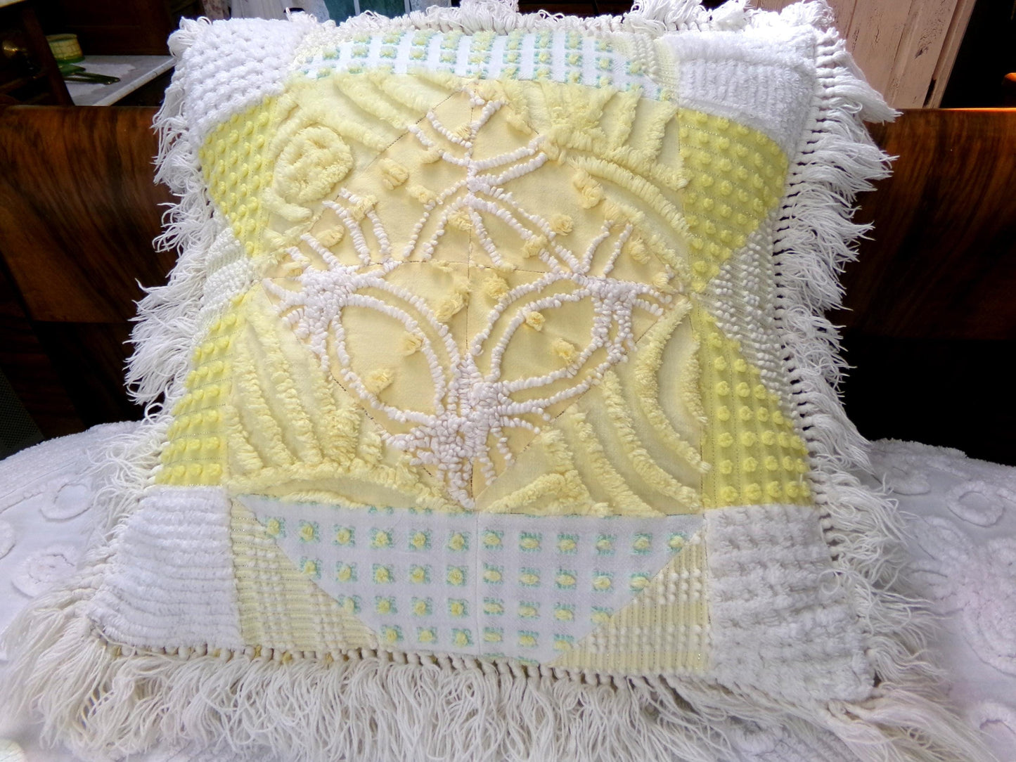 Vintage Chenille Patchwork Pillow | Reversible Mixed Yellow & White Prints, Fringe Accent | Boho Farmhouse Style, 17" x 18" w/ Insert