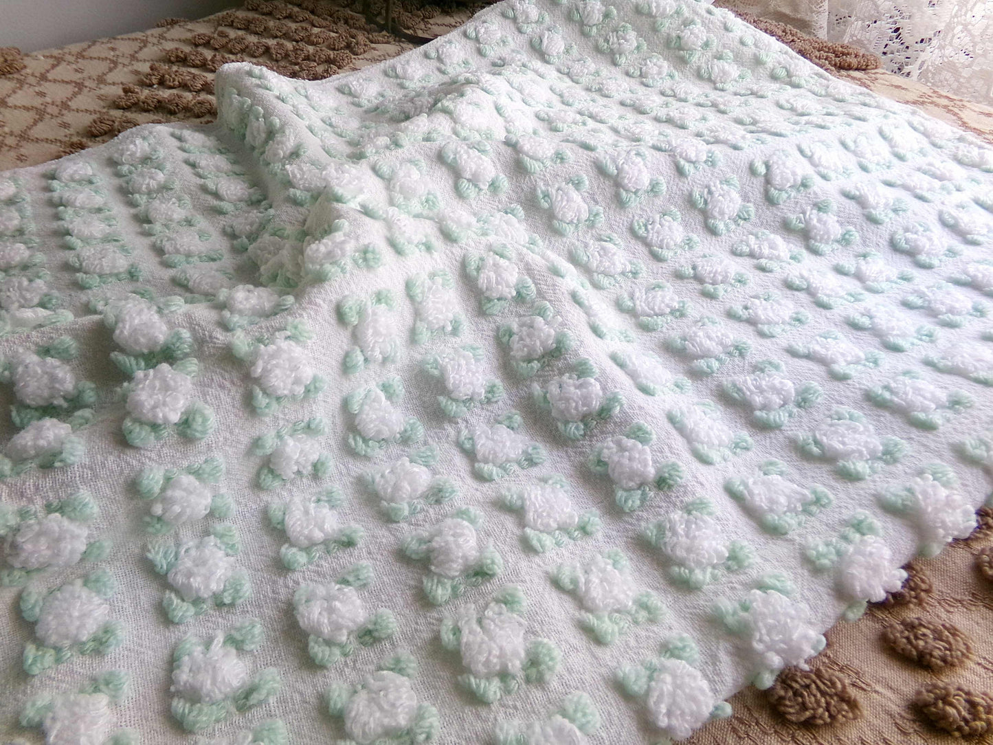 Plump White Rosebuds Vintage Chenille Fabric, 19" x 25" Piece, Beautiful Roses with Mint Green Leaves