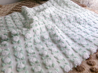 Plump White Rosebuds Vintage Chenille Fabric, 19" x 25" Piece, Beautiful Roses with Mint Green Leaves