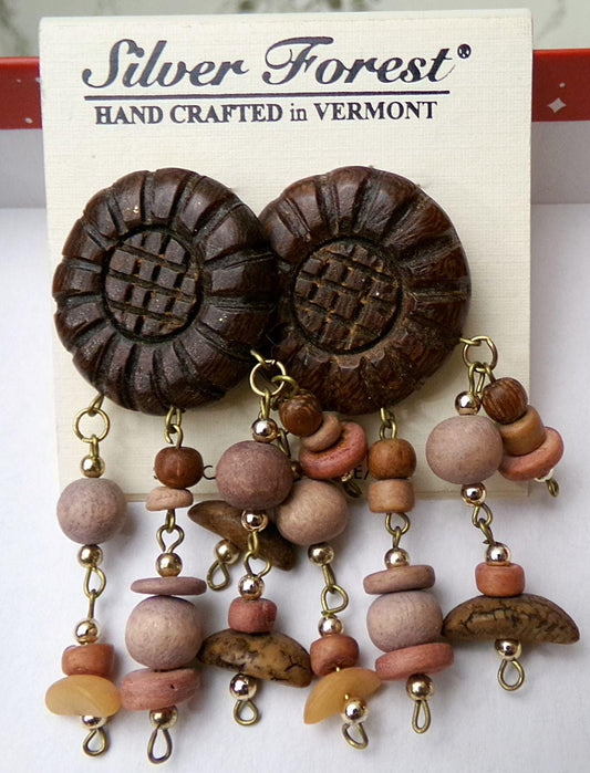 Carved Wood Daisy Dangle Pierced Earrings with Bangles, Vintage Silver Forest Vermont Hippie Boho Artisan Style