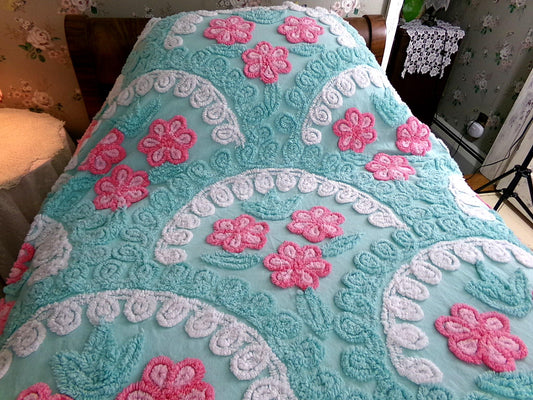 Vintage Chenille Bedspread, Mermaid Tail Midcentury Splendor in Aqua, Pink & White, Full Size