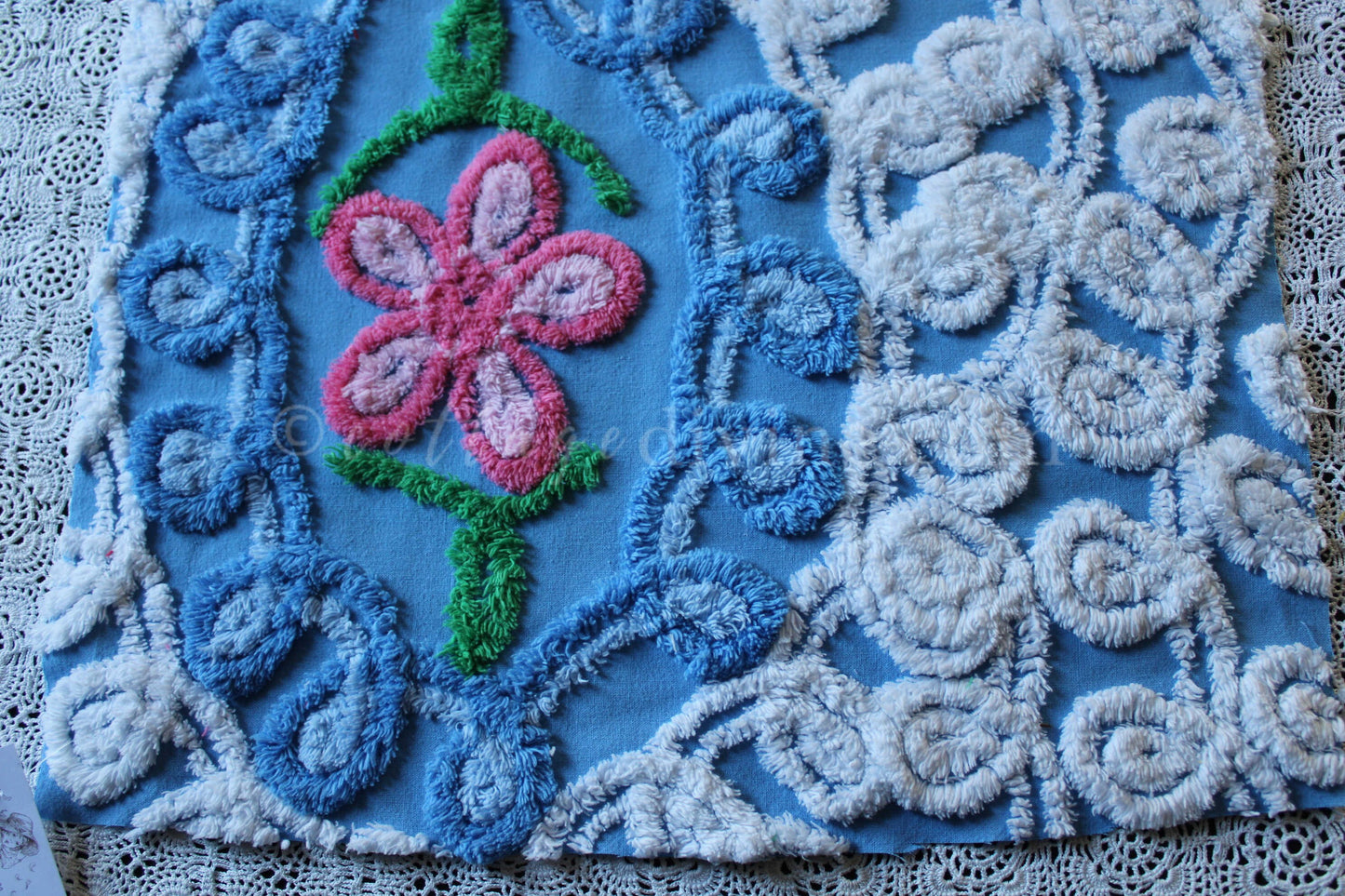 Sky Blue Swirls Vintage Style Chenille Fabric, 16" x 28" Inch Floral Piece, White Curlicues