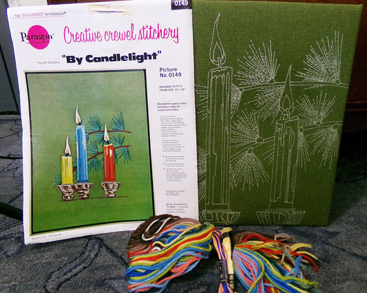 BY CANDLELIGHT Crewel Stitchery Kit, Exquisite Trio of Tranquil Candles on Evergreen Canvas, Vintage 0149 Paragon Needlecraft Embroidery