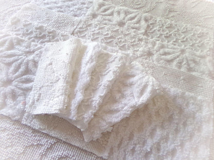 Snow Baby Chenille Fabric Squares Set of 16 White Quilt Blocks, 6" x 6" inches each, Diamond, Squiggle Daisy & Hobnail Texture Patterns
