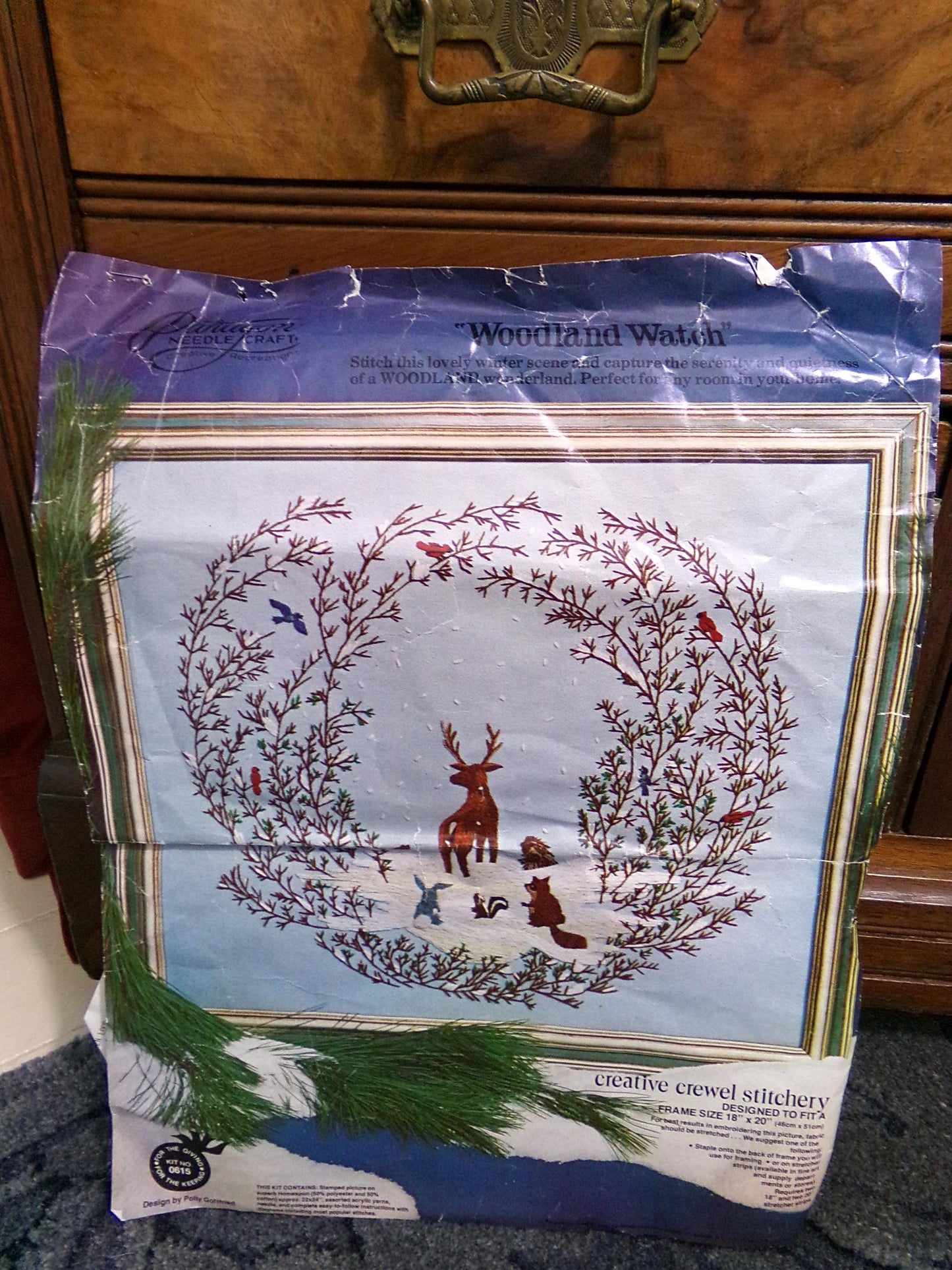 WOODLAND WATCH Vintage Crewel Embroidery Kit, Whimsical Winter Wonderland Nature Scene, Paragon Needlecraft 0615, Polly Gottfried