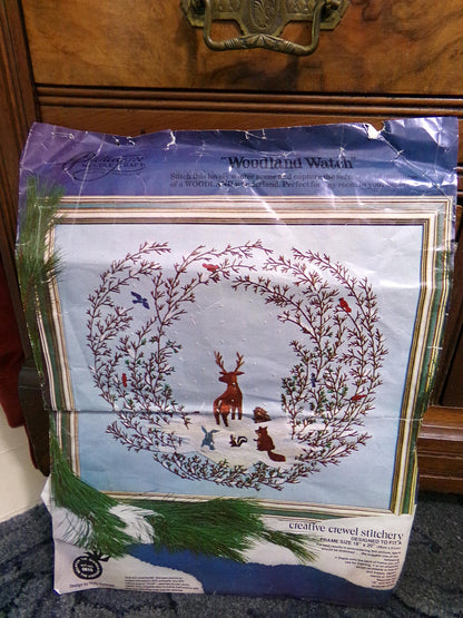 WOODLAND WATCH Vintage Crewel Embroidery Kit, Whimsical Winter Wonderland Nature Scene, Paragon Needlecraft 0615, Polly Gottfried