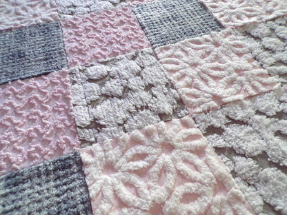 modern pink & grey chenille fabric squares, set of 16 vintage 6" quilt blocks for sewing, quilting, fiber arts